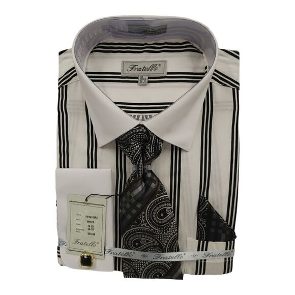 MEN'S FRATELLO TRIPLE STRIPED WHITE COLLAR FRENCH CUFF DRESS SHIRT. FRV4159P2. - Picture 4 of 4